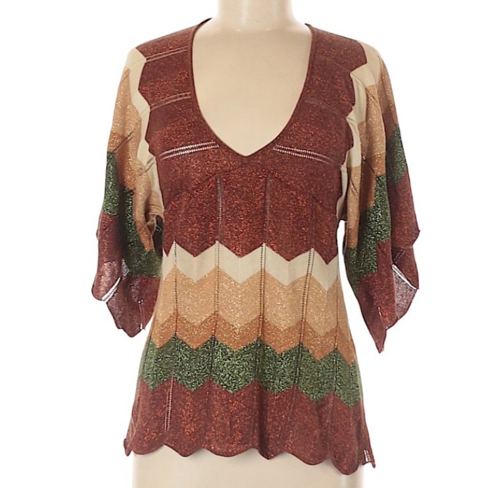 Isshu Brown & Green V-Neck Blouse with 3/4 Sleeve